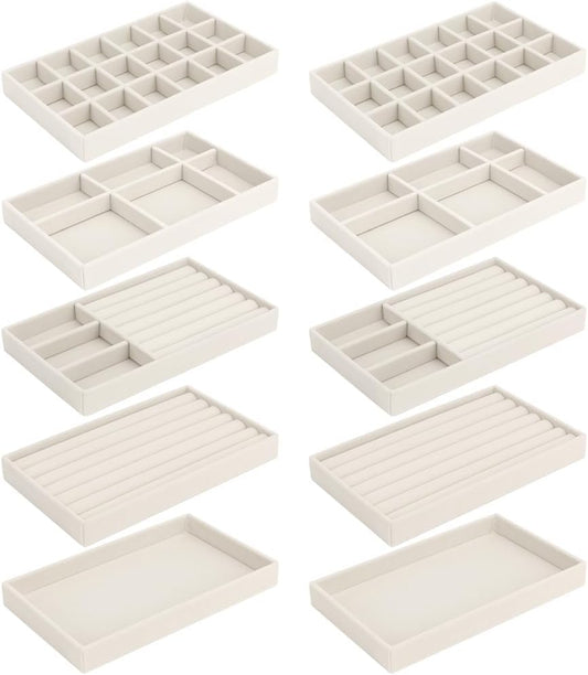 10 Pack Jewelry Organizer Tray Drawer Inserts Stackable Velvet Liner Dividers Customizable Jewellery Box Foam Ring Earring Holder Necklace Bracelet Storage Display Dish Flat in Dresser Vanity