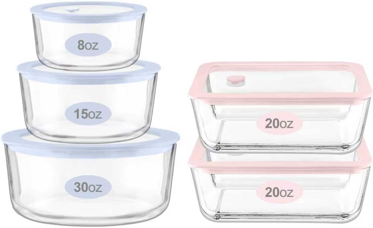 Urban Green Glass Food Container Set with Glass Lid, 5 Pack, Meal Prep Containers with Silicone Framed Airtight Lid, Leakproof, 100% Plastic Free