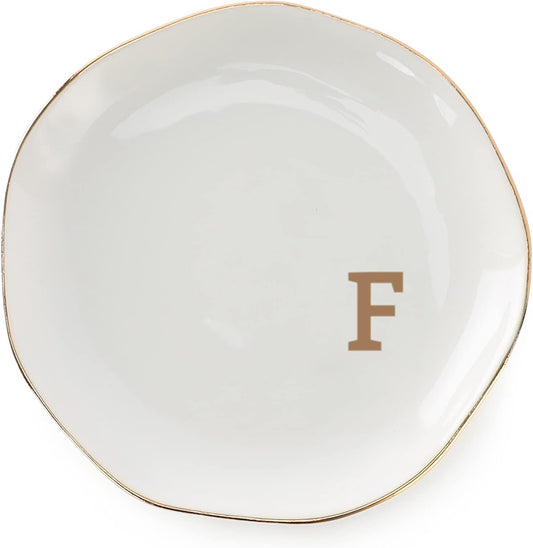 Initials Ring Dish Jewery Tray with Personalized F-Monogrammed Gifts Wedding Engagement for Women Friends Sister,Ceramic White