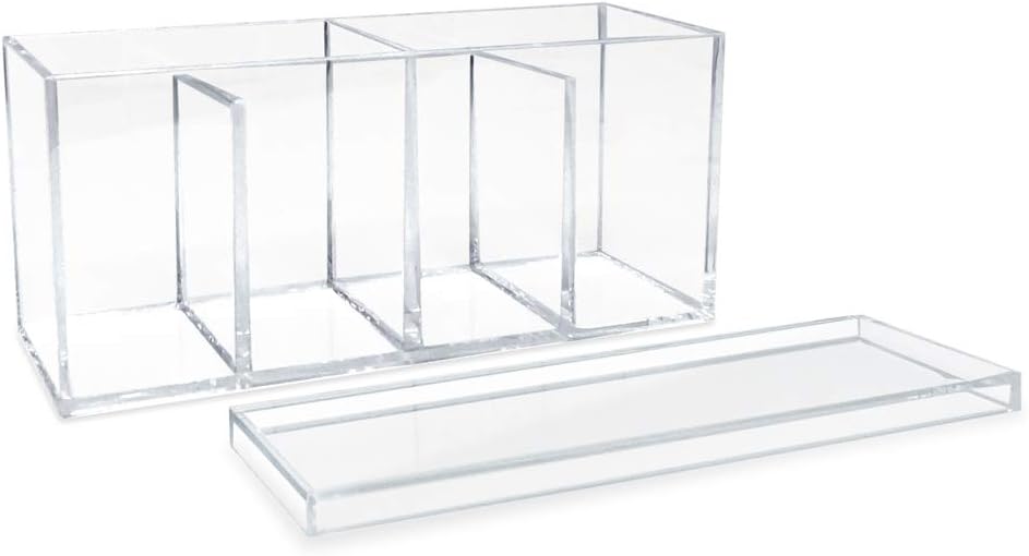 Isaac Jacobs 2-Pack 4-Compartment Clear Acrylic Organizers with Lid (9” L x 3” W x 4” H), Makeup Brush Holder, Sectional Tray, Storage Solution for Makeup, Crafts, Office Supplies & More (2, Clear)