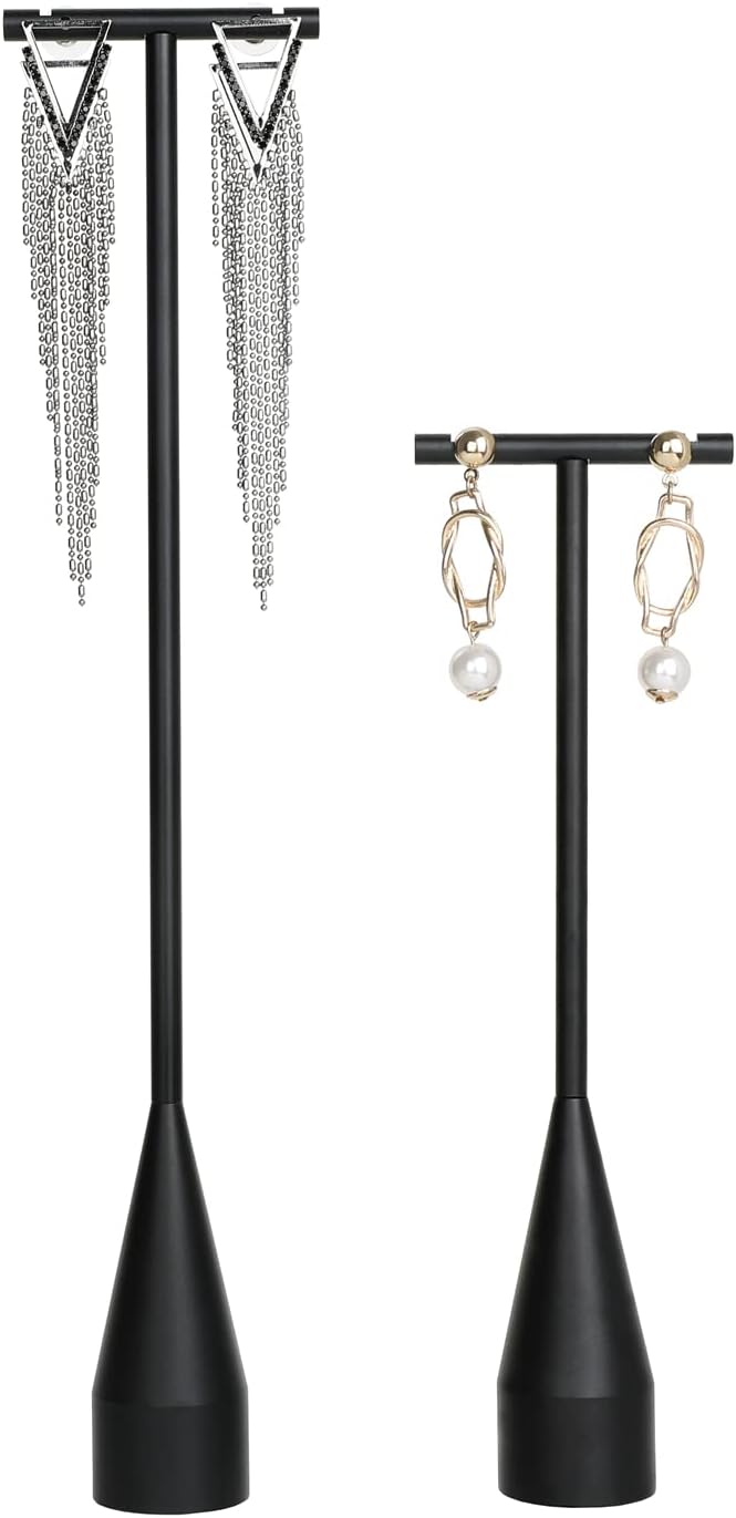GemeShou 2pcs Black earring display T bar stand, Big jewelry earring holders for Boutique Store, Jewelry holders high enough for long earring necklace【Black-2pcs Height 7.9" and 11"】