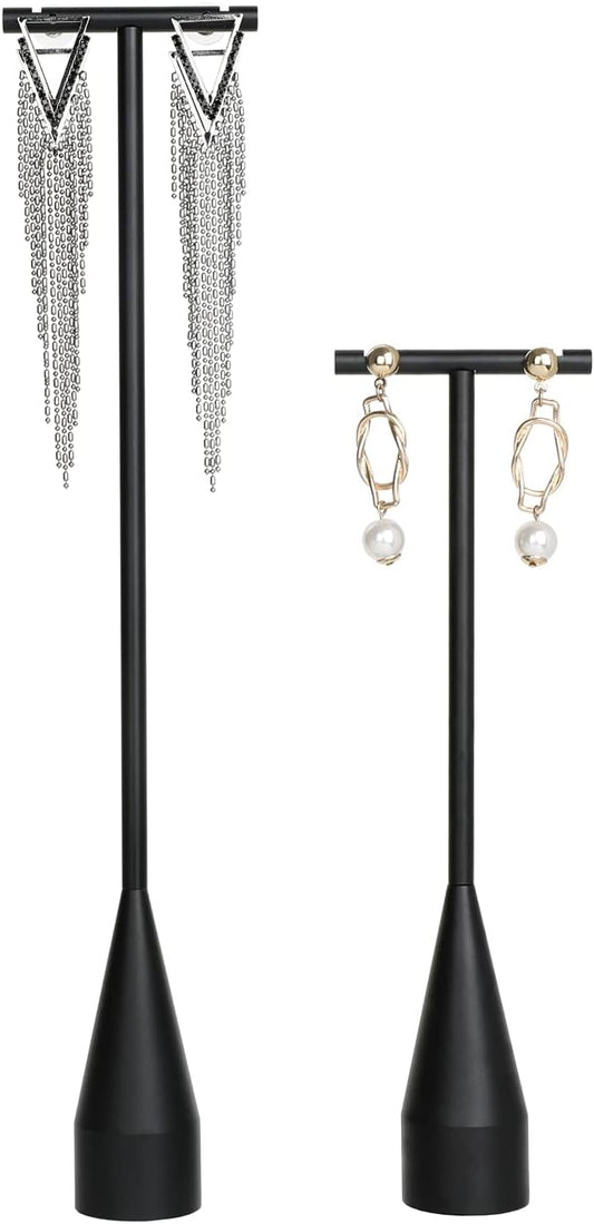 GemeShou 2pcs Black earring display T bar stand, Big jewelry earring holders for Boutique Store, Jewelry holders high enough for long earring necklace【Black-2pcs Height 7.9" and 11"】