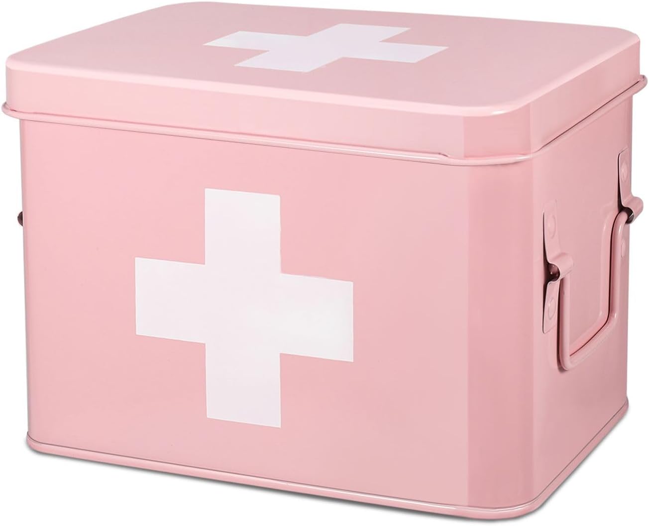Flexzion First Aid Box Organizer, Empty 8.5 Inch Pink Vintage First Aid Kit Tin Metal Medical Box First Aid Storage Box Container Bins with Dividers, Removable Tray and Cross Logo