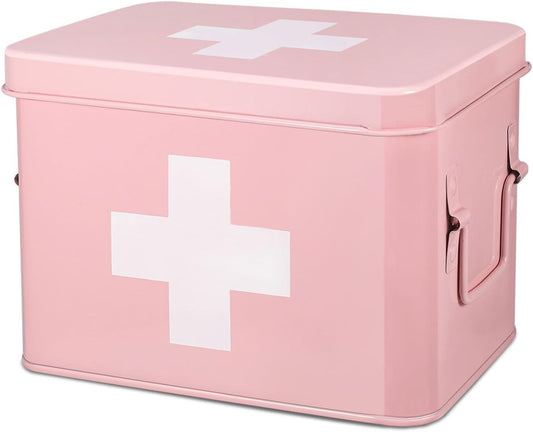 Flexzion First Aid Box Organizer, Empty 8.5 Inch Pink Vintage First Aid Kit Tin Metal Medical Box First Aid Storage Box Container Bins with Dividers, Removable Tray and Cross Logo