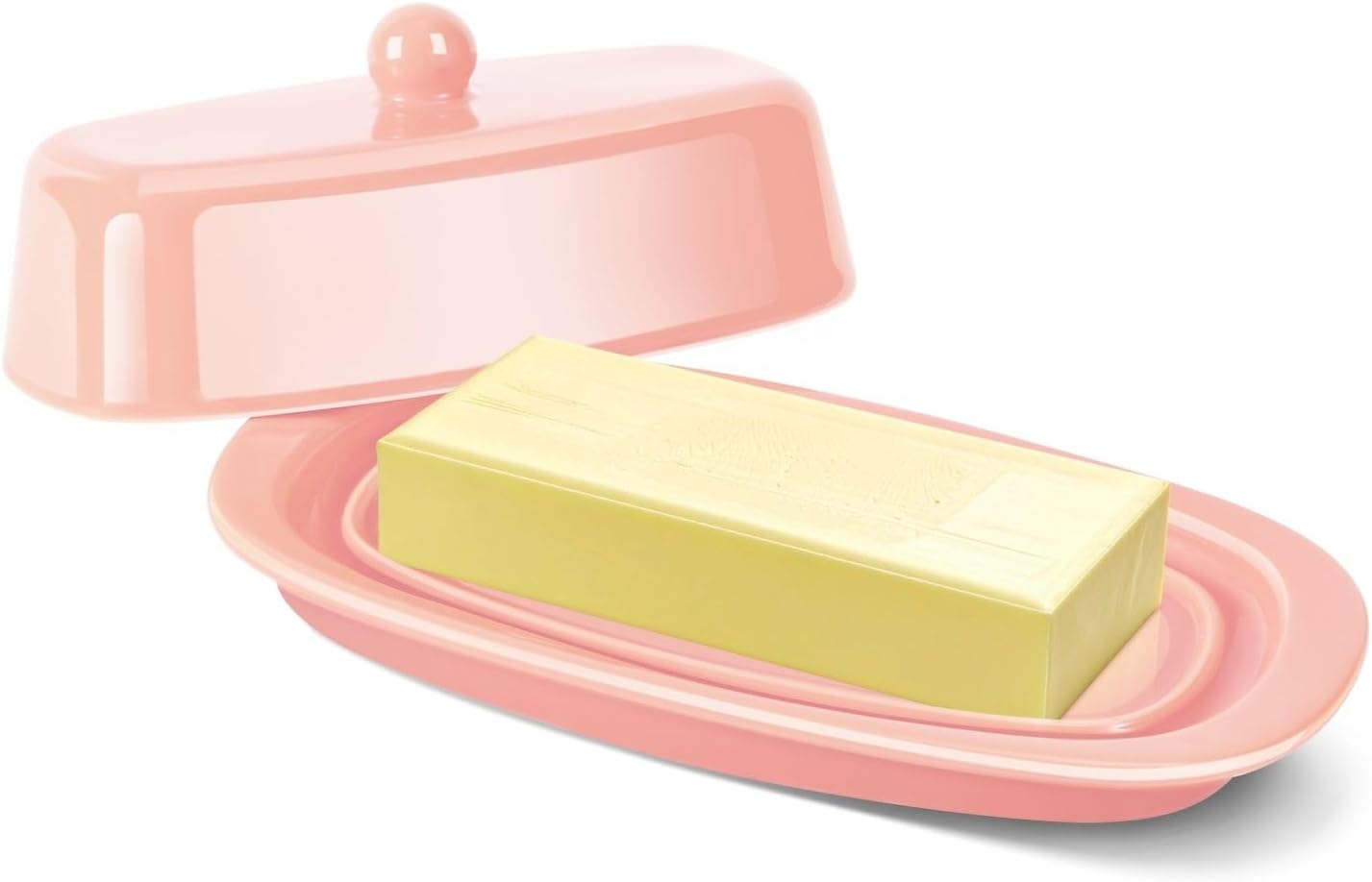 Flexzion Ceramic Pink European Butter Dish with Lid for Countertop (7 Inch) - 1 Stick Butter Holder for Counter, Cream Cheese Container Storage Keeper