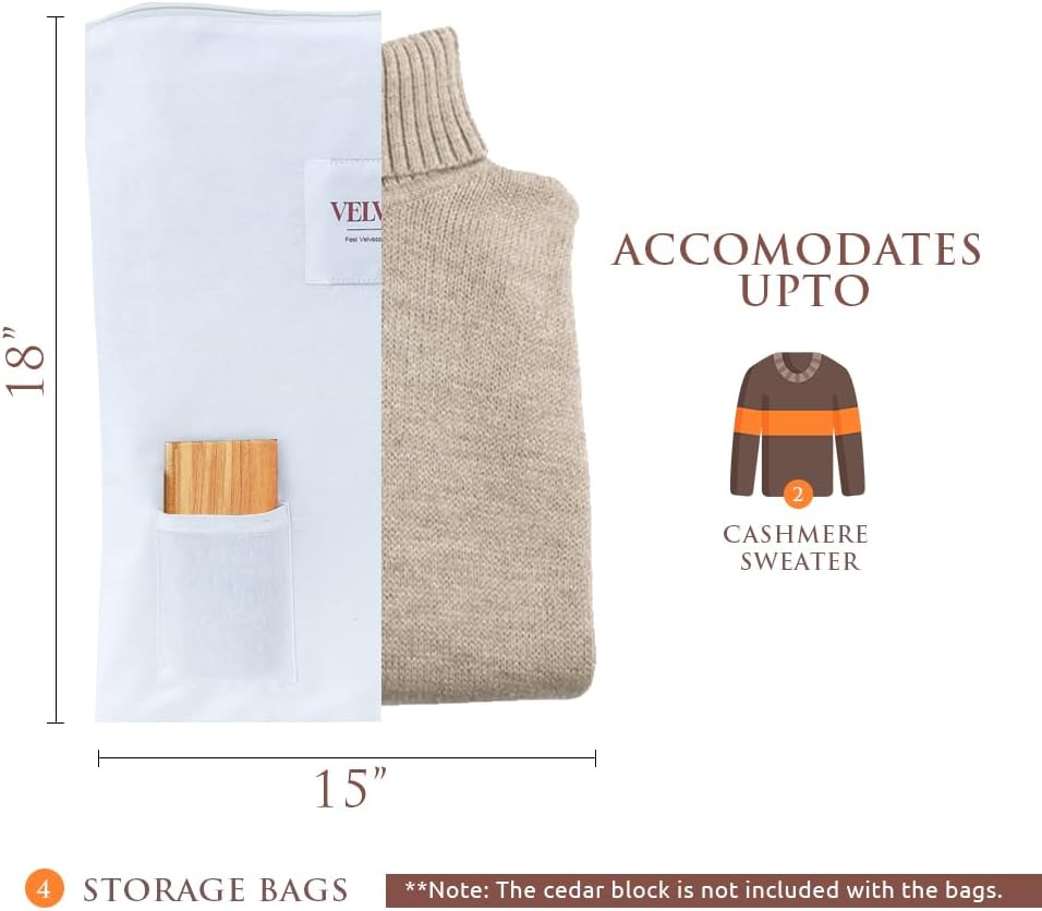 Cashmere Sweater Storage Bags | Pack of 4 |Breathable & Washable Sweater Storage Bags | Suitable Clothes Organizer For Sweaters, Merino Wool, Scarves and more (18"×15")
