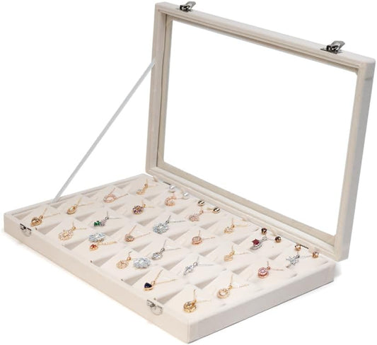 Jewelry Box Necklace Organizer Tray (Beige) Necklace Display Case for Storage Jewelry Necklaces Display Stand 24 Slot Pendant Holder for Women