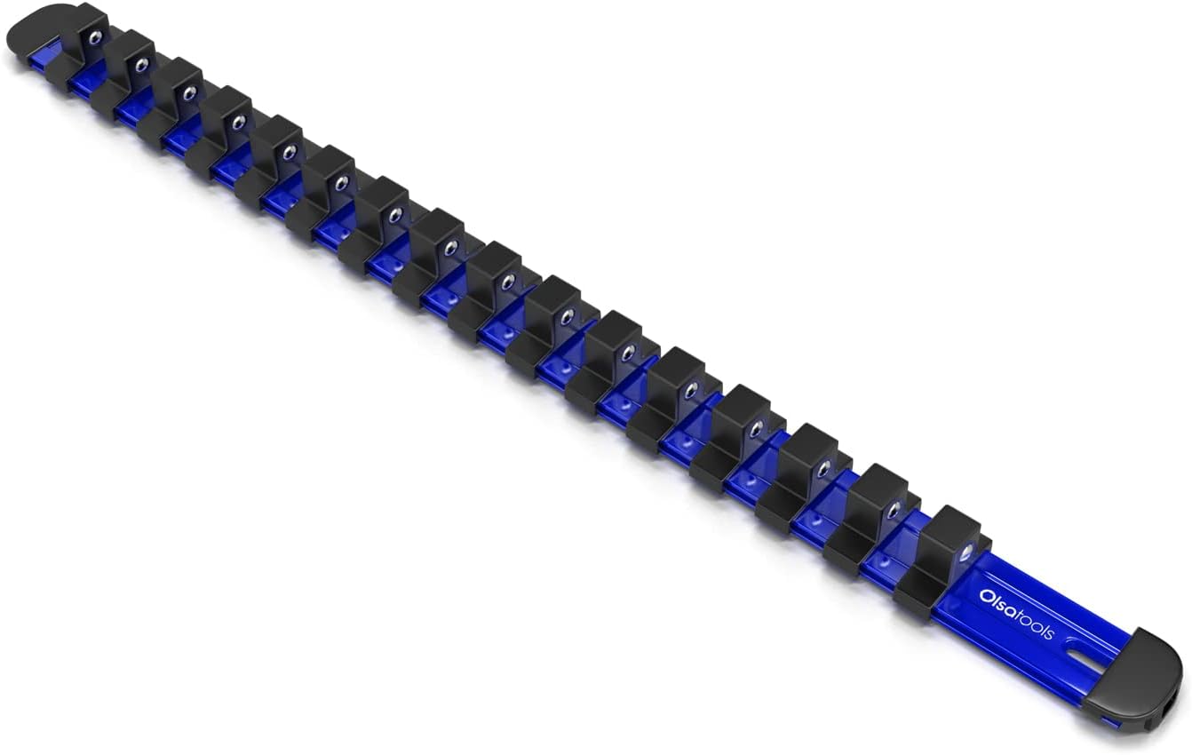 Olsa Tools 1/2-Inch Drive Aluminum Socket Organizer with Locking End Caps | Professional Quality Socket Holder (BLUE)