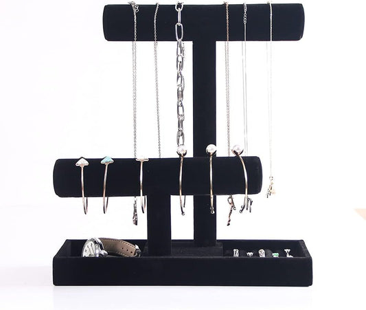 Coward 2 Tier Necklace Bracelet Holder Organizer With ring Tray, Multi-use Jewelry Display Stand For Necklace Bracelet Bangle Watch Scrunchie (Black/no Lid)