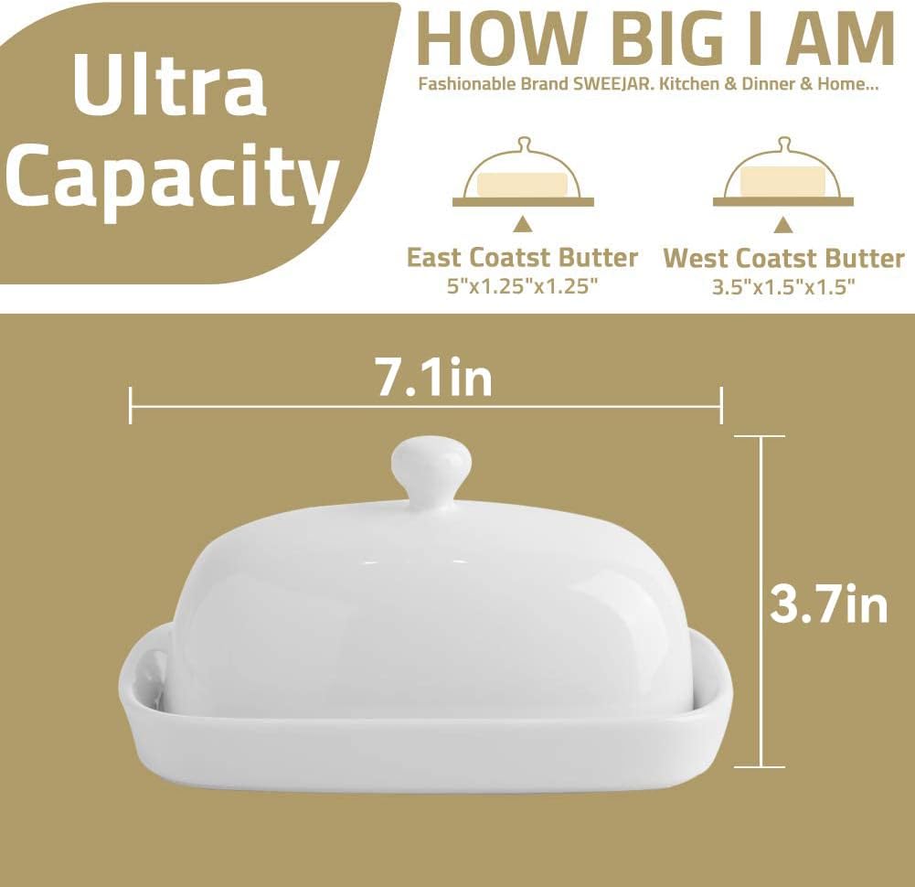 Sweejar Ceramic Butter Dish with Lid for Countertop,Porcelain Butter Keeper with Knob Handle,Butter Container for East/West Coast Butter, 7.1*3.7 inches (White)