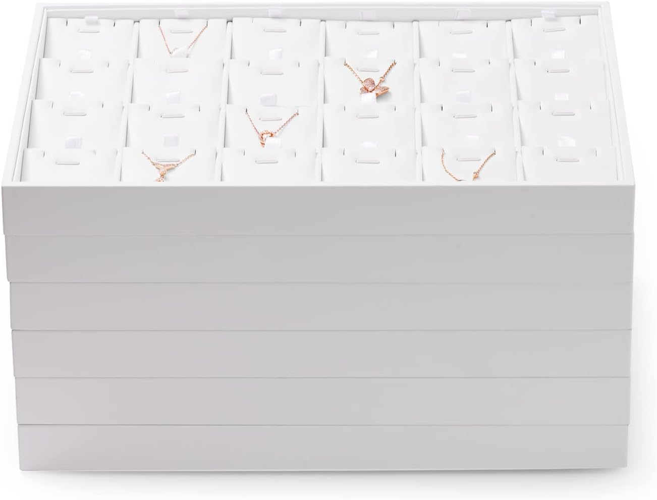 Oirlv Premium White Leather Stackable Jewelry Tray 24 Grid Jewelry Organizer Tray with Removable Inserts Cards Necklace Display Holder