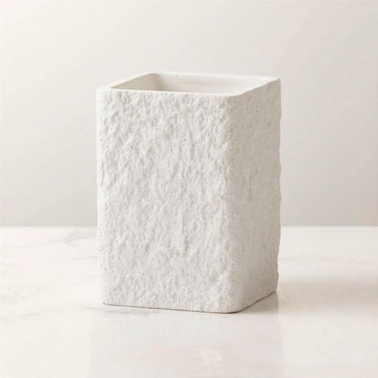 White Stone-Look Toothbrush Holder for Bathroom, Natural Rough Stone Textured, Unbreakable Heavy Bathroom Cup, Vanity Countertop Organizer for Makeup Brushes