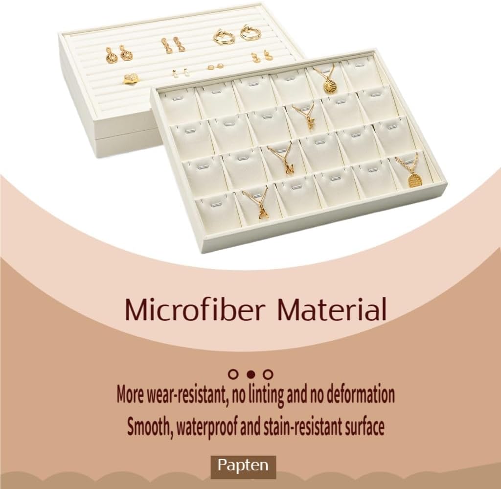 24 Grids Necklace Display Tray, Stackable Jewelry Organizer Trays, Microfiber Necklace Bracelet Pendant Holder Storage Display (Beige)