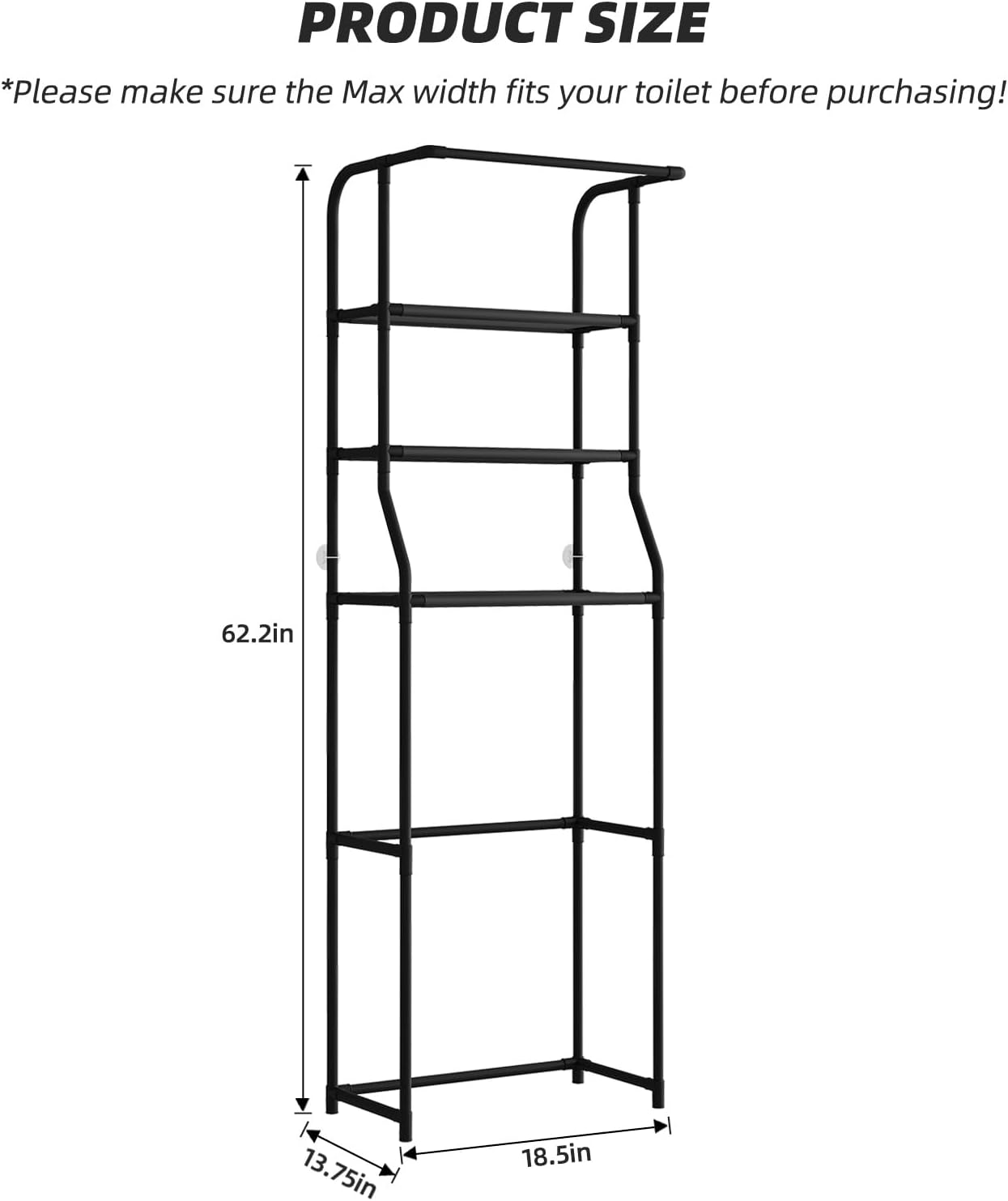 Over The Toilet Storage Shelf, 3-Tier Freestanding Bathroom Organizer with Towel Rack, Space Saver Cabinet Shelves Unit, Tall Slim Etagere for Bathroom, Modern Metal Furniture (Black)