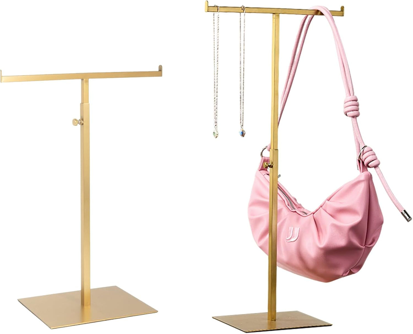 Purse Display Stand Jewelry Towers 2 Packs Stainless Steel Bag Stand Tabletop Adjustable Height Double Hook Hanging Jewelry Stands for Necklaces Organizer Home Store Boutique (Anti-fingerprint)