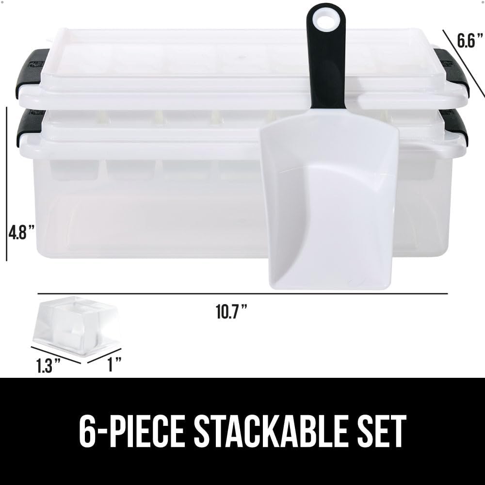 GORILLA GRIP BPA-Free Easy Release Ice Cube Tray for Freezer, Make Lots of Ice, 56 Cubes Total, Kit Includes 2 Stackable Leakproof Trays with Lid and Soft Handle Grips, Scooper, Bin, For Coffee, Black