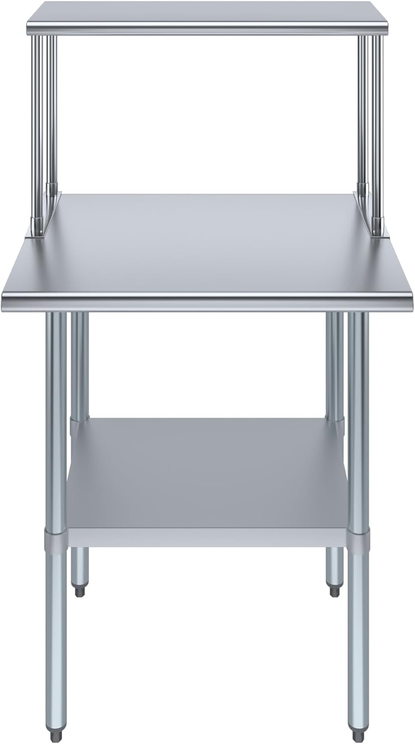 AmGood Stainless Steel Work Table with Wide Single Tier Overshelf | Metal Kitchen Prep Table & Shelving Combo (24"" x 30"" Work Table + 12"" Overshelf), AMGWT2430+SOS1230FM1