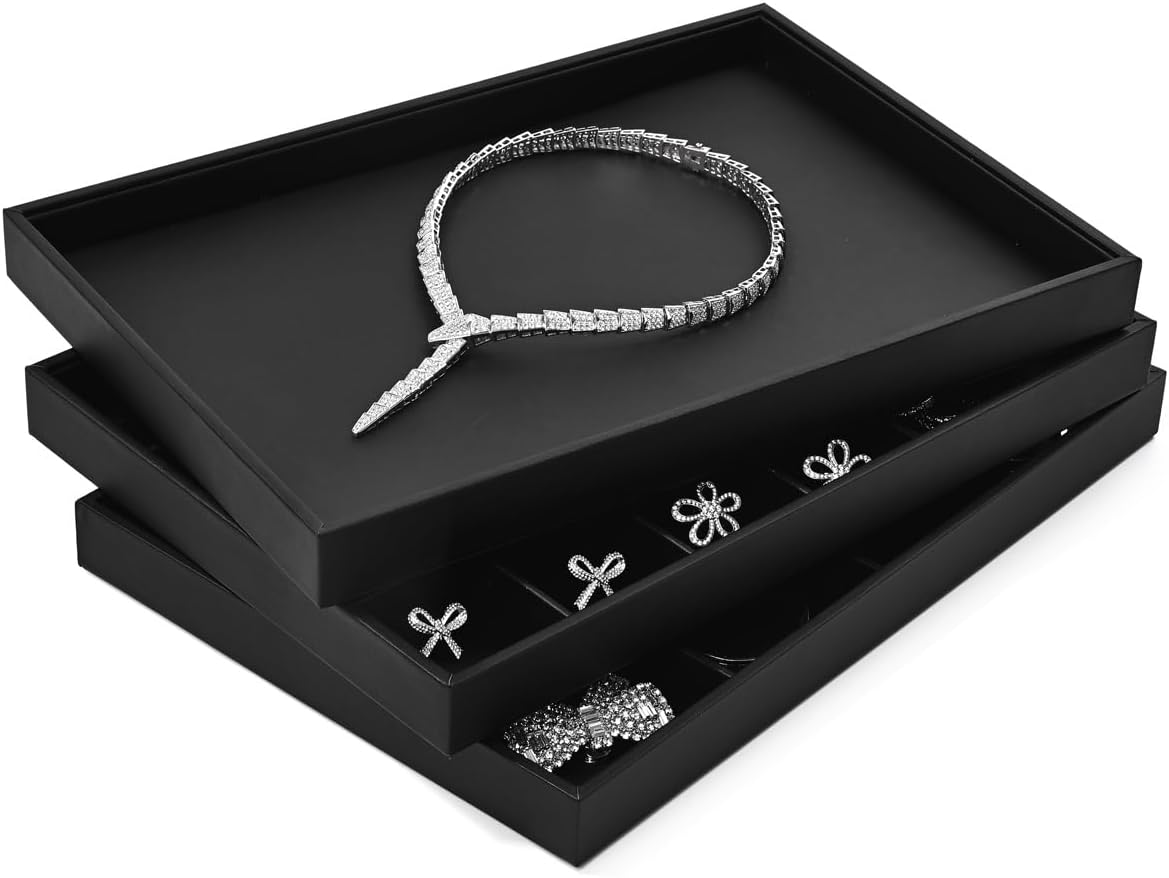 Black PU Leather Jewelry Display Flat Tray Ring Necklace Watch Organizer Display Tray (1 grid)