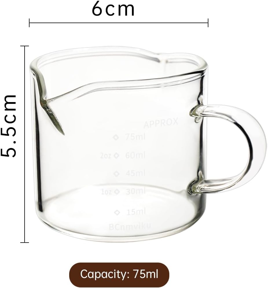 BCnmviku 1 Pack Double Spouts Measuring Triple Pitcher Milk Cup 75ML Espresso Shot Glasses Parts Clear Glass