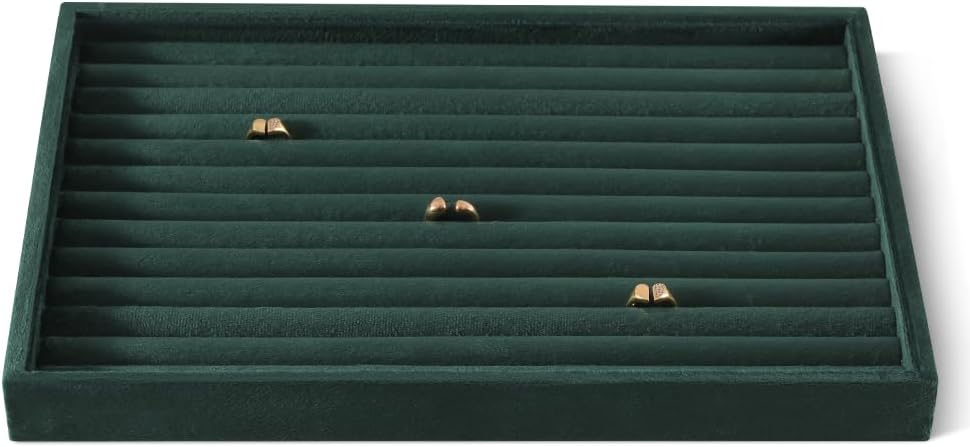 Velvet Ring Display Tray, Stackable Muilt Slot Rings Ear Stud Storage Tray, Drawer Insert Jewelry Accessories Organizers Plate (Green)