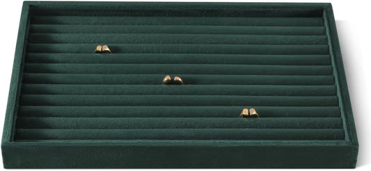 Velvet Ring Display Tray, Stackable Muilt Slot Rings Ear Stud Storage Tray, Drawer Insert Jewelry Accessories Organizers Plate (Green)