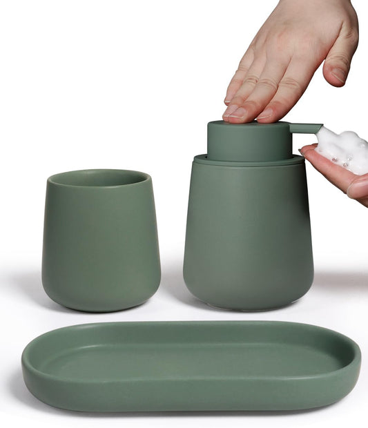 INGOFIN 3 Pcs Ceramic Bathroom Accessory Set - Foam Soap Dispenser, Toothbrush Holder & Tray, Bathroom Counter Set, Countertop Essentials for Home, Guest Bathroom, or Office Use, Matte Green