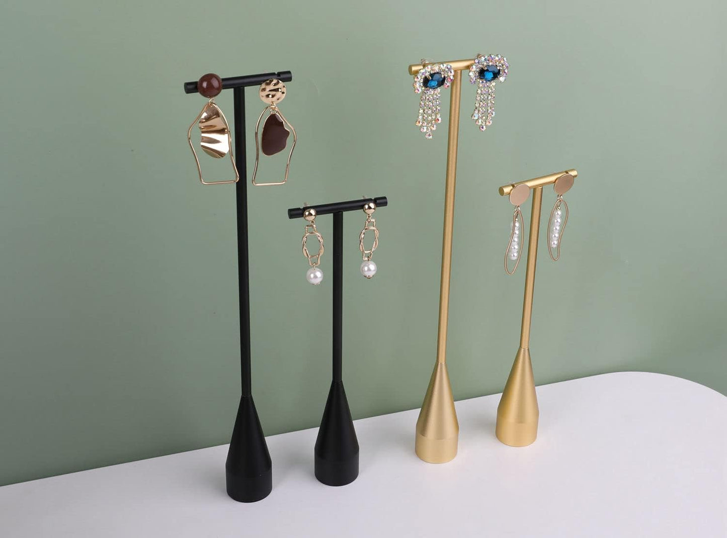 GemeShou 2pcs Gold earring display T bar stand, Big jewelry earring holders for Boutique Store, Jewelry holders high enough for long earring necklace【Gold-2pcs Height 7.9" and 11"】