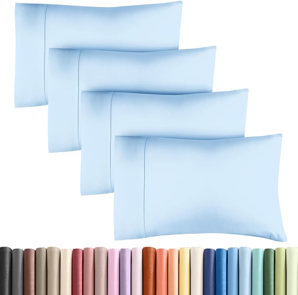 Queen Pillow Cases - 4 Pack - Super Soft Pillowcase Covers - Envelope Enclosure - Hotel Quality Pillow Protectors - Wrinkle Free, Shrink & Stain Resistant - Machine Washable - 20" x 30" (Light Blue)