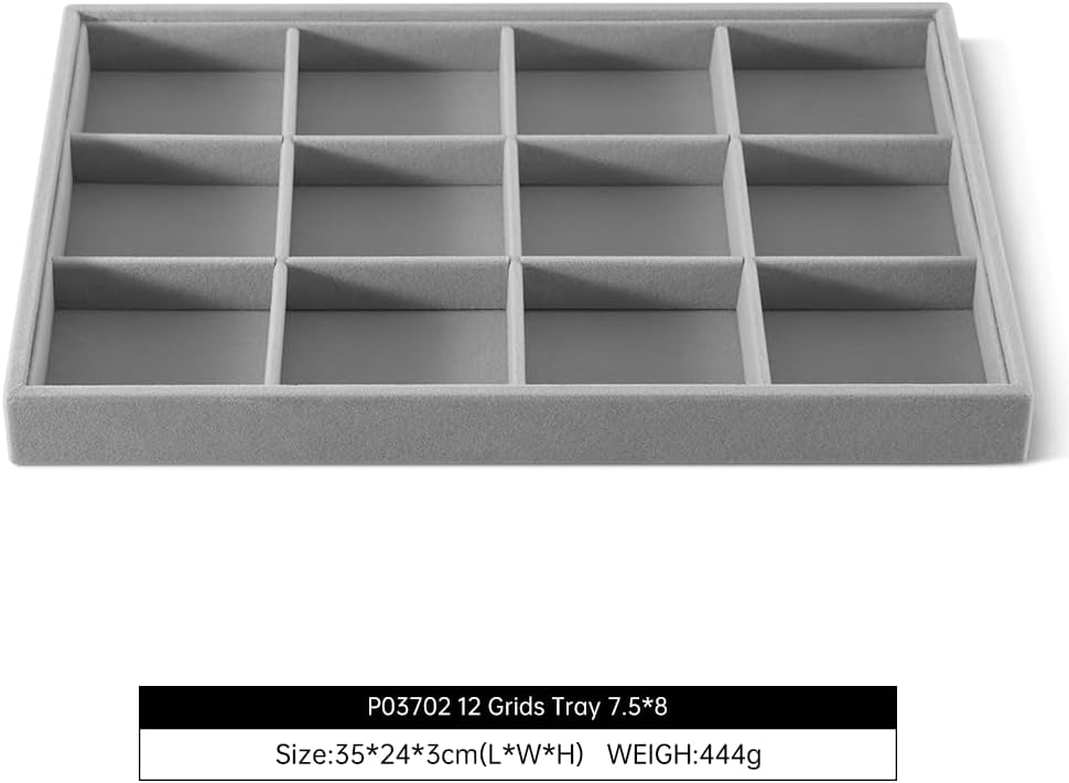 Velvet Stackable Jewelry Display Tray, 12 Grid Watch Bangle Bracelet Storage Tray, Makeup Drawer Insert Jewelry Shop Organizer Plate (Gray)