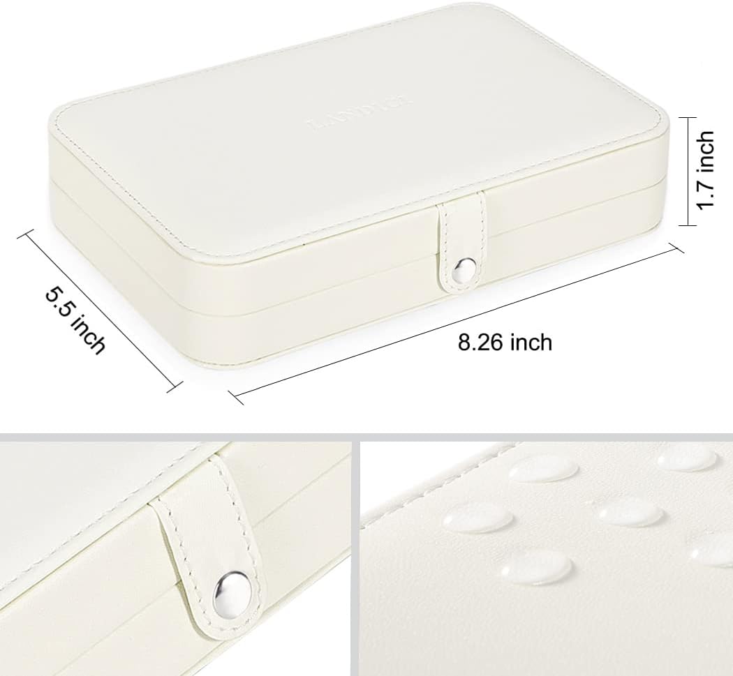 LANDICI Small Jewelry Box for Women Girls, PU Leather Travel Jewelry Case, Portable Jewelry Organizer Storage Holder Display for Ring Earrings Necklace Bracelet Bangle Men Kids Gift, White