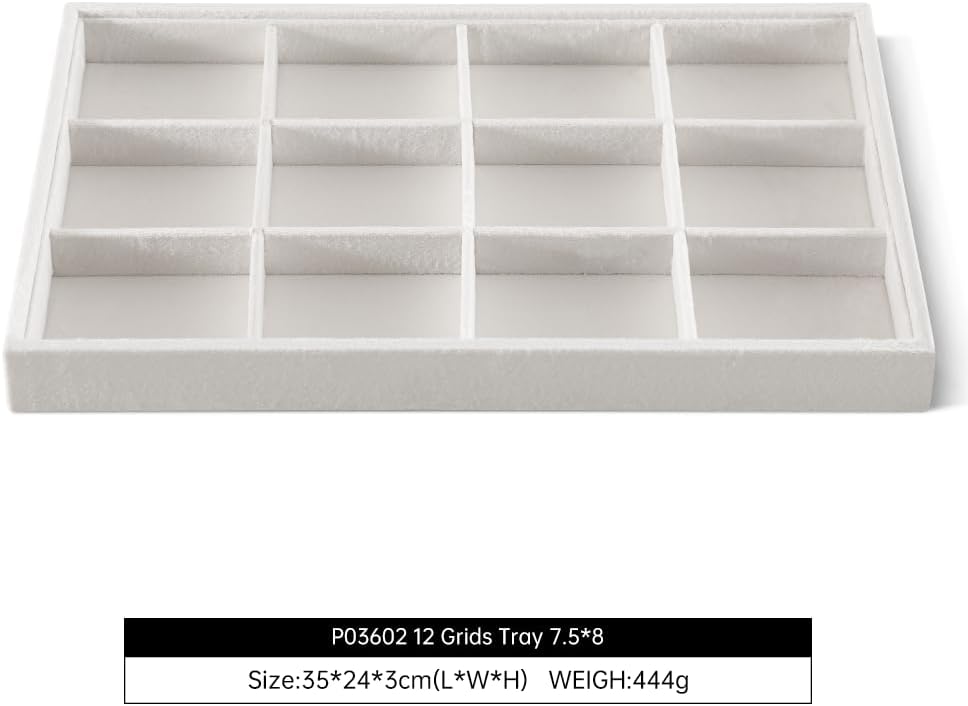 Velvet Stackable Jewelry Display Tray, 12 Grid Watch Bangle Bracelet Storage Tray, Makeup Drawer Insert Jewelry Shop Organizer Plate (White)