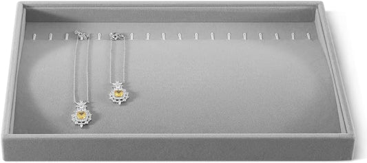 Velvet Jewelry Display Tray For Bracelet Pendant Necklace, Multi-Slot Stackable Storage Tray For Long Chain Jewelries, Drawer Insert Jewelry Organizer (Gray)