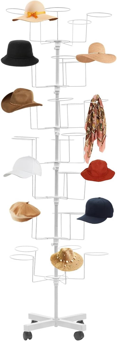 7-Tier Rotating Iron Hat Rack with Wheels & Brakes, Heavy Duty 35-Hat Organizer for Home/Store, Black Modern Free Standing Wig Display Stand, 11lbs Capacity (White)