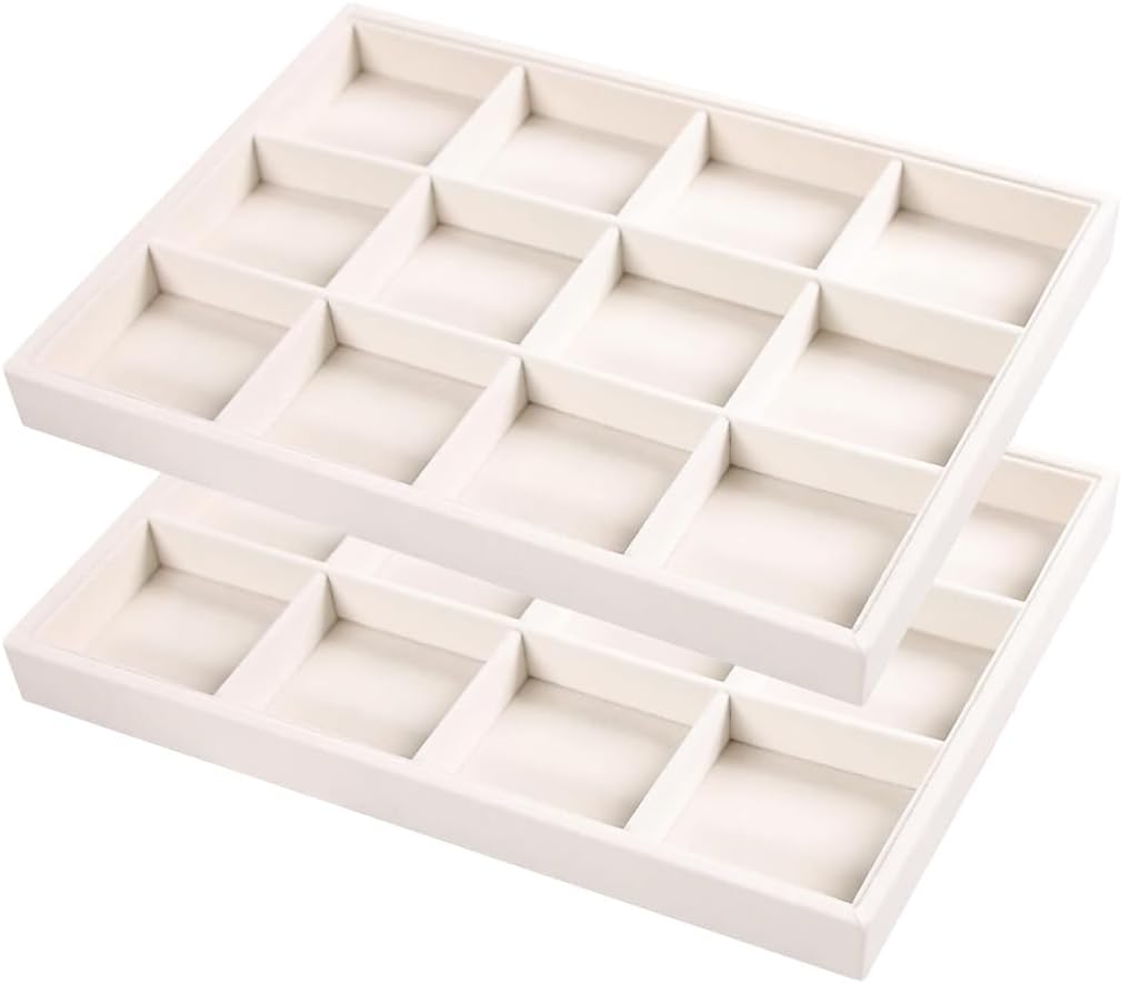 2pcs/Set Velvet Jewelry Tray, 12 Grids Large Storage Tray for Bracelet Bangle Beads Display, Jewellery Organizer Box Tray for Home Drawer or Shop Store Selling Show (Beige Velvet)