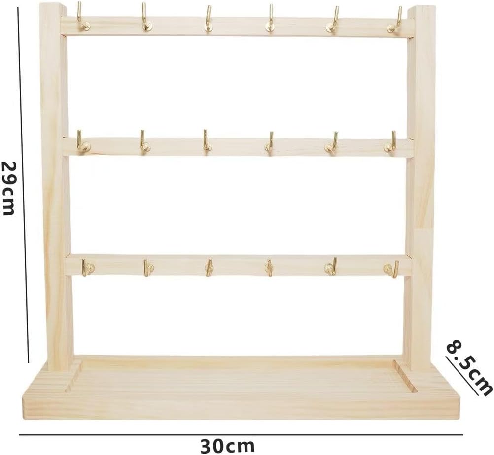 3 Layers of Wooden Display Eacks With Hooks for Necklaces. Rings, Earrings, Bracelets, And Other Jewelry Storage Display Rack