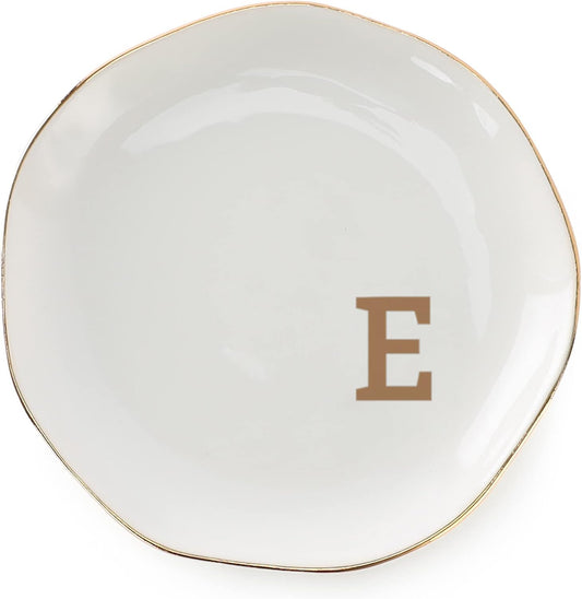 Initials Ring Dish Jewery Tray with Personalized E-Monogrammed Gifts Wedding Engagement for Women Friends sister,Ceramic White