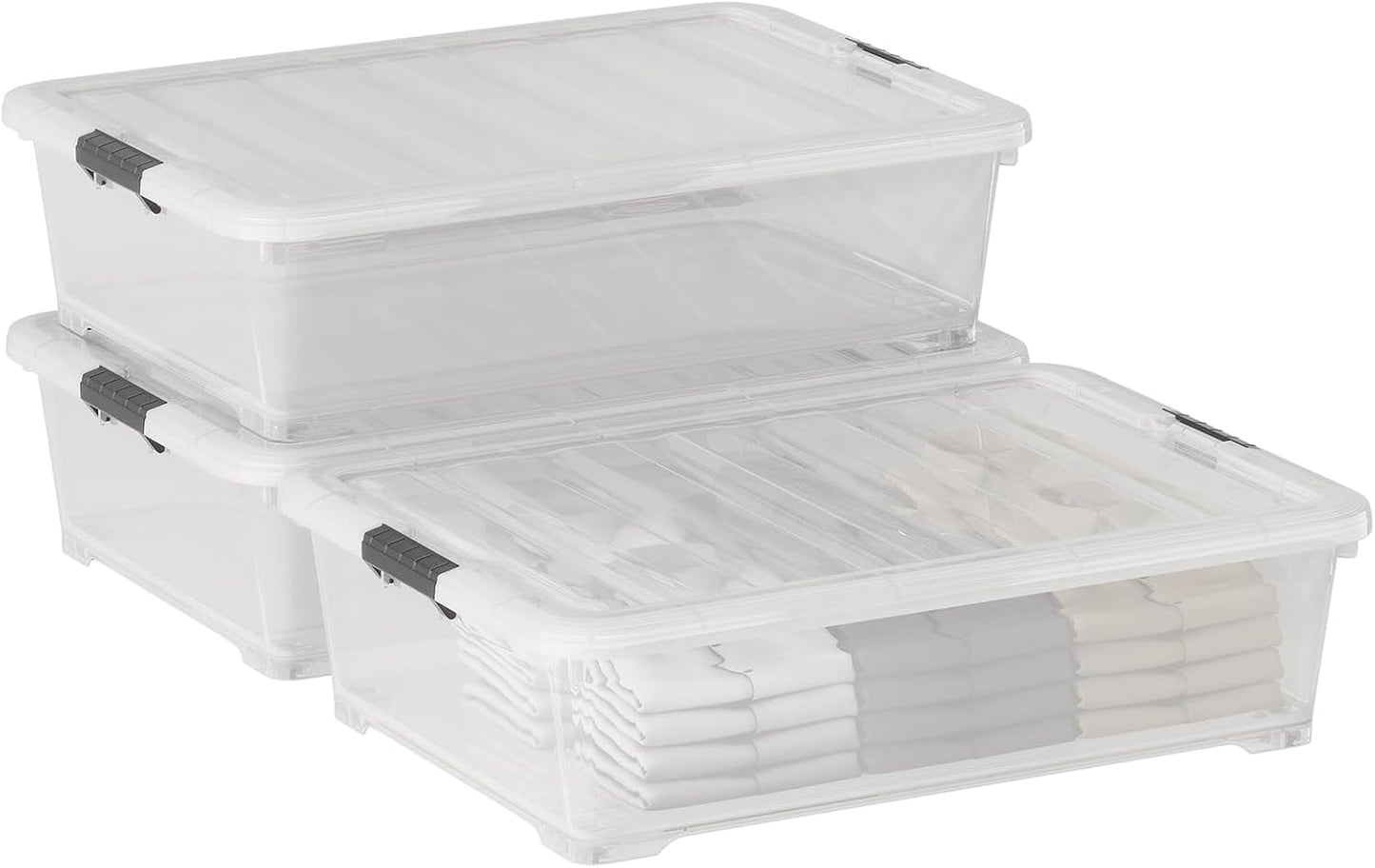 Xyskin 50 Quart Under-Bed Storage Container Organizer Bin with Latching Lids, Large Wheeled Storage Box for Garage, Closet, Clear, 3 Pack