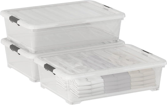 Xyskin 50 Quart Under-Bed Storage Container Organizer Bin with Latching Lids, Large Wheeled Storage Box for Garage, Closet, Clear, 3 Pack
