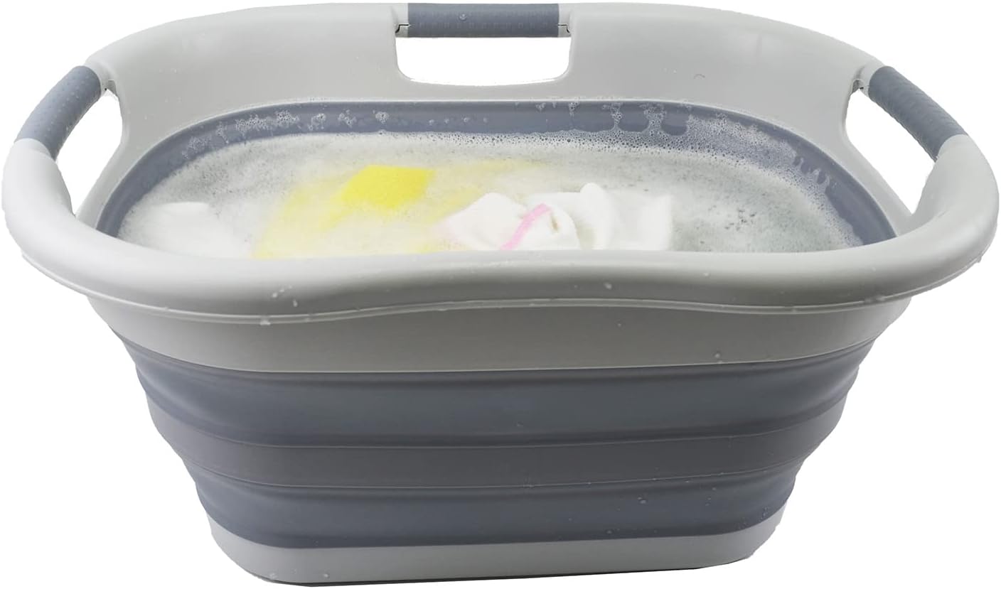 SAMMART 30L (7.9 Gallon) Collapsible Plastic Laundry Basket - Foldable Pop Up Storage Container/Organizer - Portable Washing Tub - Space Saving Hamper/Basket (1, Grey/Dark Grey)