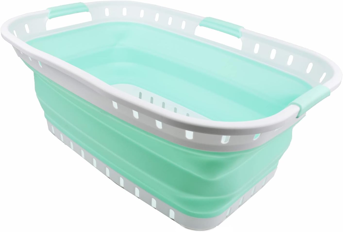 SAMMART 44L (11.62 gallon) Collapsible Plastic Laundry Basket - Foldable Pop Up Storage Container/Organizer - Portable Washing Tub - Space Saving Hamper/Basket (1, White/Light Green)