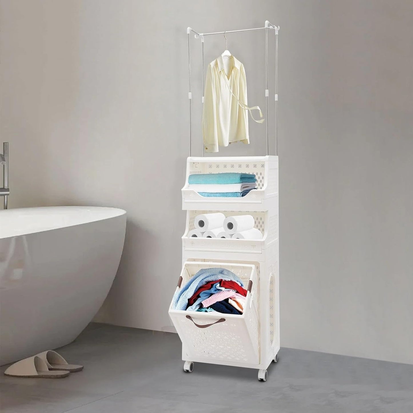 Laundry Hamper Cart, 4 Tiers Laundry Hamper Trolley, Laundry Basket, Rolling Laundry Organizer with Hanging Rack, Storage Basket with Wheels for Laundry Room