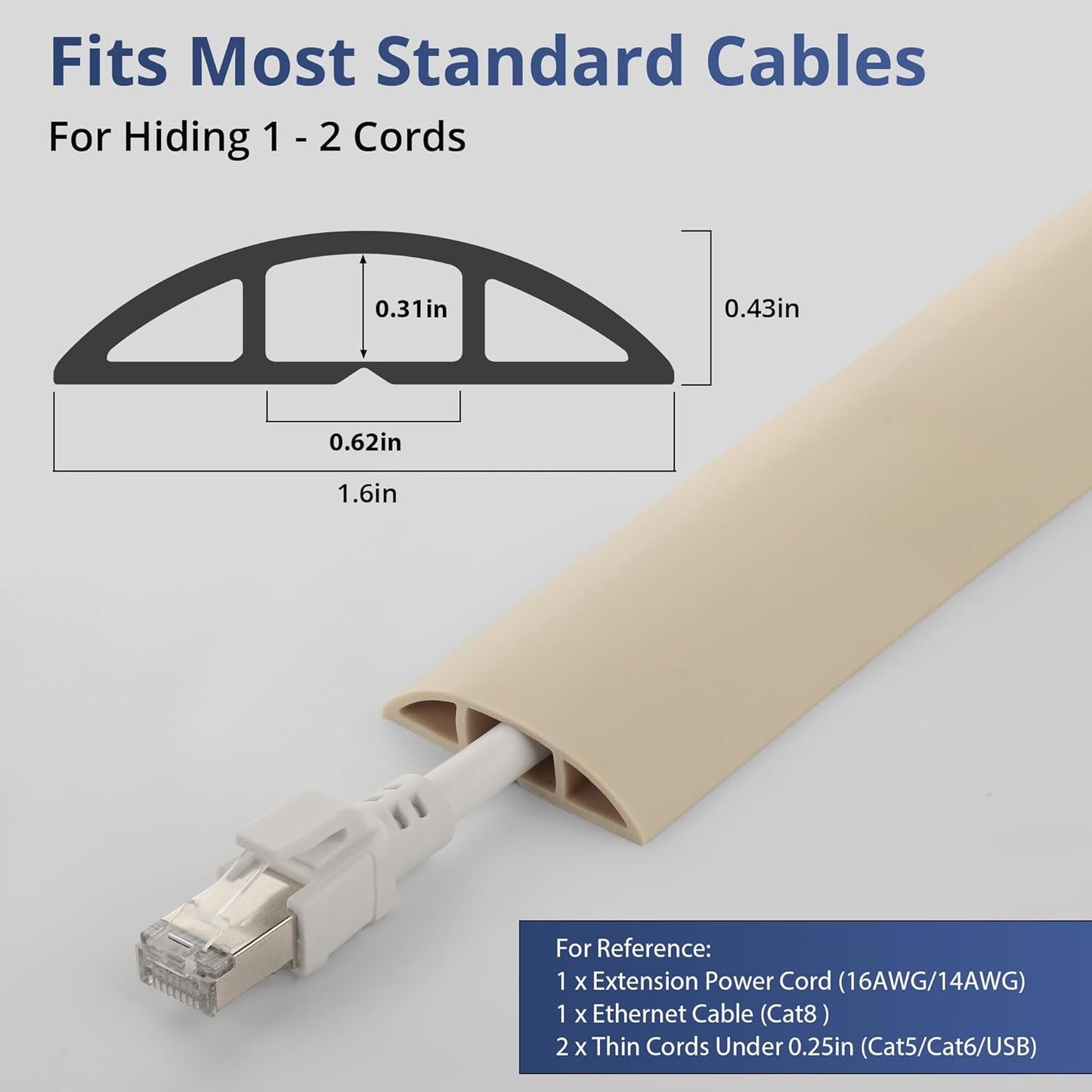 ZhiYo 3.6ft Cord Covers for Wires on Floor, Cord Hider Floor Hide Extension Cords, Soft PVC Cable Cover Cable Protector, Wire Cavity W0.62in H0.31in, Beige