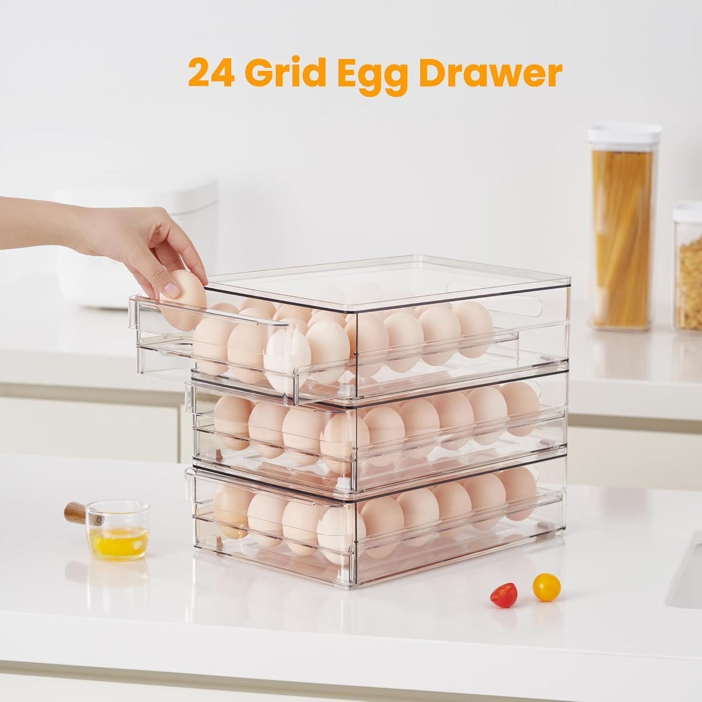 vacane 24 Capacity Egg Holder for Refrigerator, Egg Drawer for Fridge Pull Out Egg Storage Container with Non-Slip Pads Clear Egg Tray Egg Organizer - 2 Pack