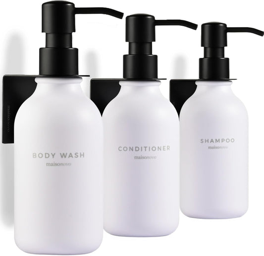 MaisoNovo Shampoo and Conditioner Dispenser - Shower Soap Dispenser Wall Mounted - 16.9 fl oz Set of 3 White Plastic Bottles Black Pump - 3 Chamber No Drill