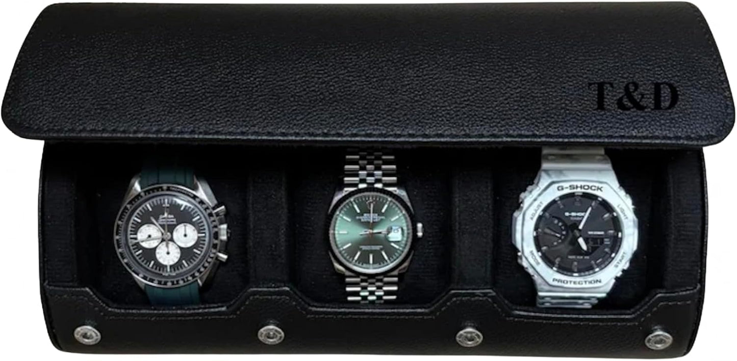 DailyWatch | Personalized Watch Roll Travel Case For 3 Watches - Handmade Genuine Leather Travel Case With Custom Engraving of Name or Initials - All Black