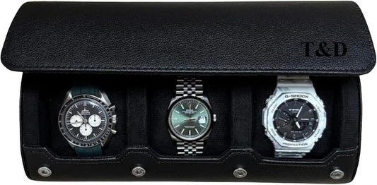 DailyWatch | Personalized Watch Roll Travel Case For 3 Watches - Handmade Genuine Leather Travel Case With Custom Engraving of Name or Initials - All Black