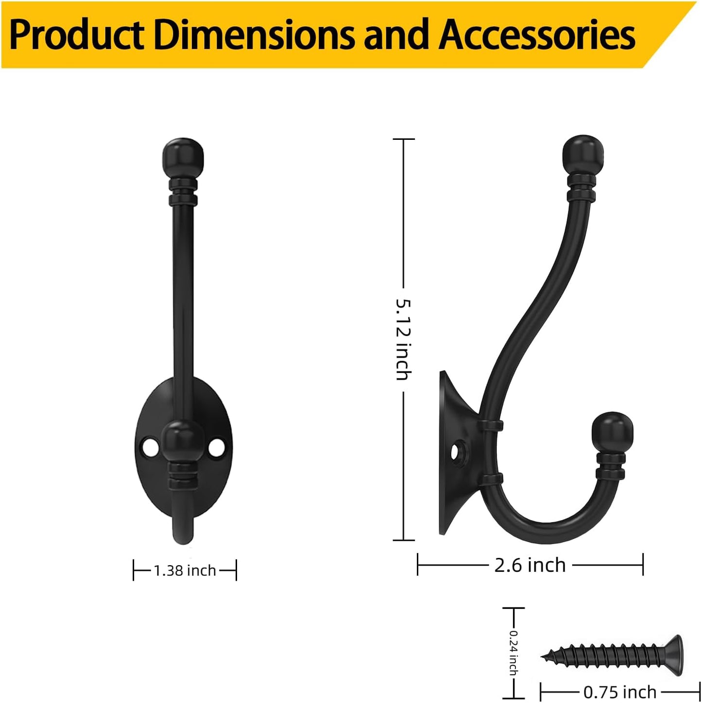 2 Pack Heavy Duty Wall Hooks for Hanging, Metal Coat Hooks Wall Mount, Easy to Install, Ideal for Living Room, Bathroom, Kitchen, Bedroom (Black)