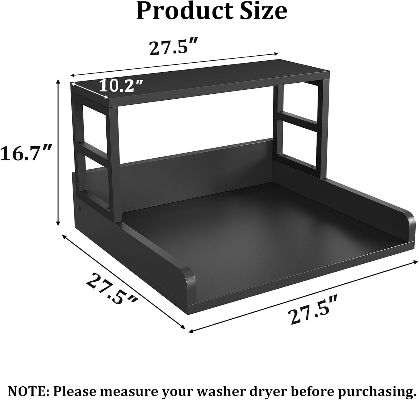 Washer Dryer Countertop with Shelf, 27.5″D x 27.5″W x 16.7″H, Countertop for Washer and Dryer Top with Non-Slip Pads and Edge Rails, Laundry Room Storage and Organization(Black)