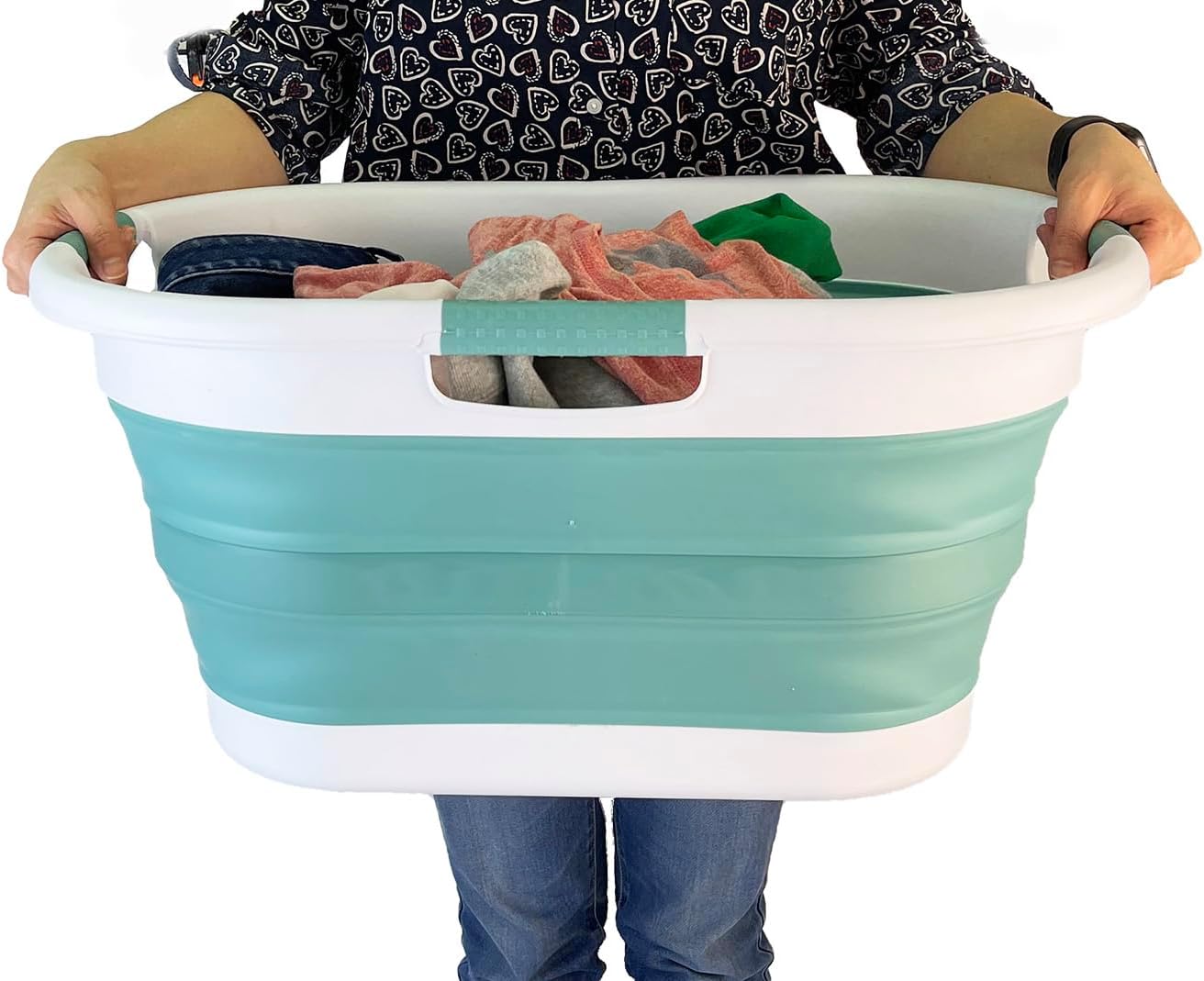 SAMMART 40L (10.5 gallon) Collapsible Plastic Laundry Basket - Foldable Storage Container- Portable Washing Tub - Space Saving Hamper (1, White/Celadon Green)