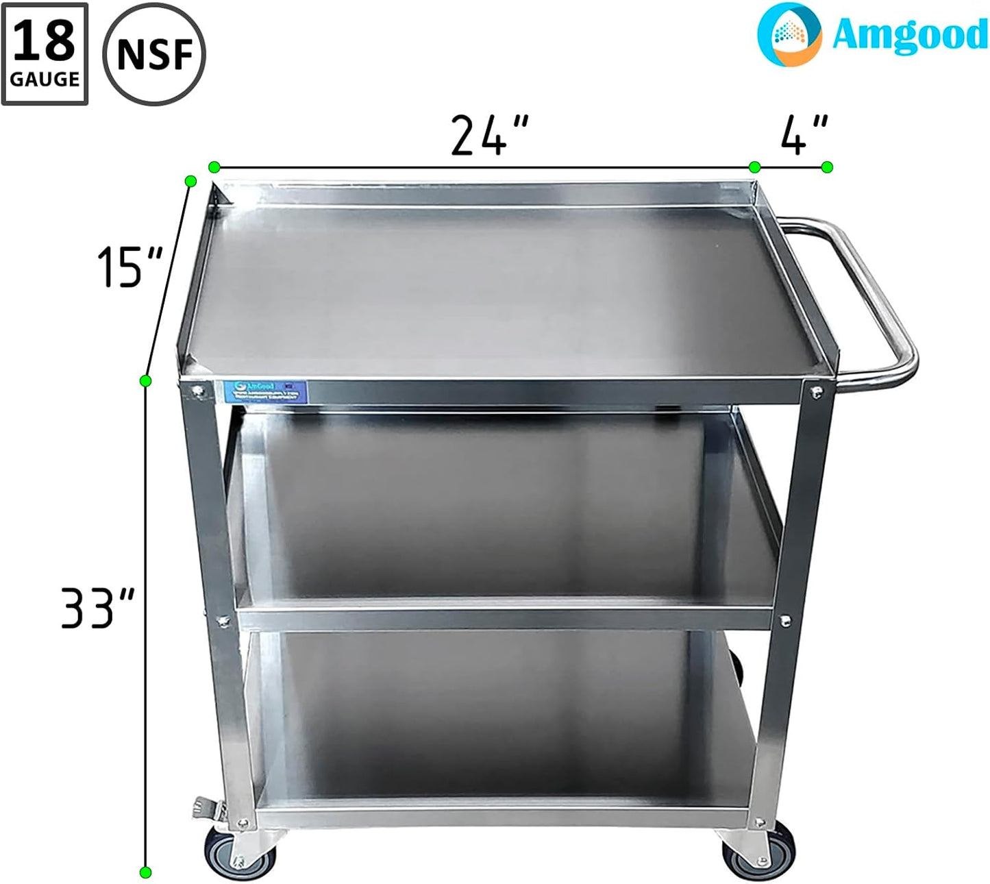 15 in. Wide X 24 in. Long X 33 in High | 3 Shelf Metal Utility Cart on Wheels with Handle